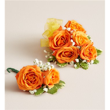 Orange Spray Corsage & Bout-Yellow Bow